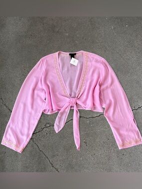 Lane Bryant Pink Silk Tie-Front Cropped Blouse